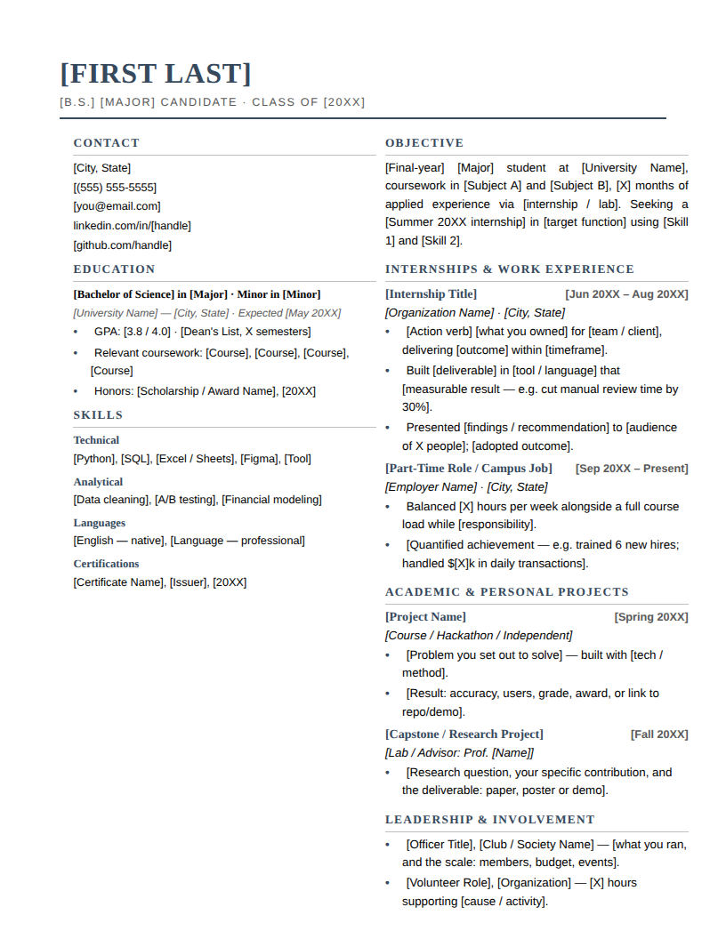 Page one of the Sidebar Professional template for Early Career