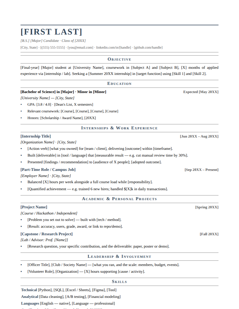 Page one of the Formal Traditional template for Early Career