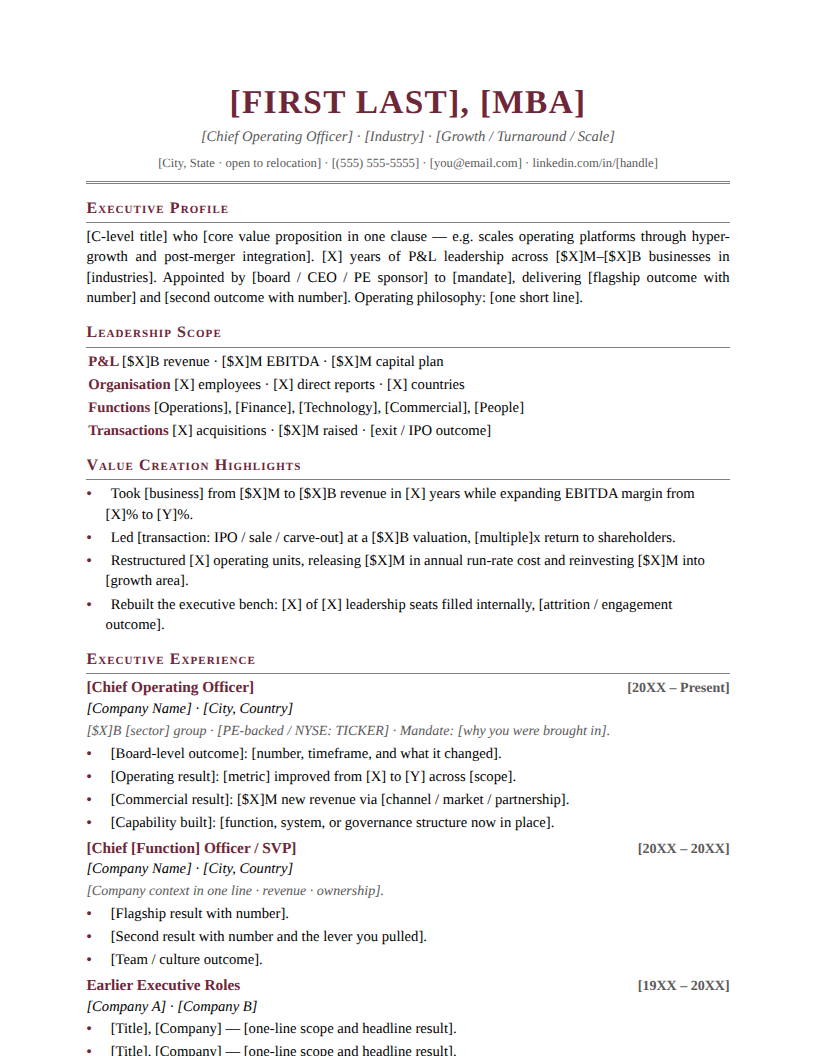 Page one of the Classic Serif template for Executive