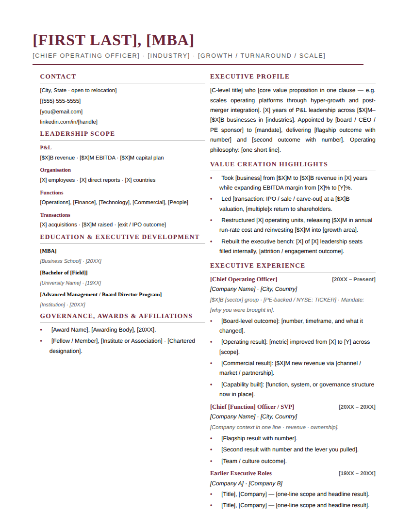 Page one of the Sidebar Professional template for Executive