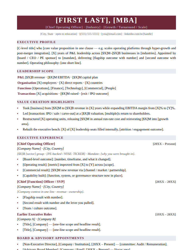 Page one of the Executive Banner template for Executive