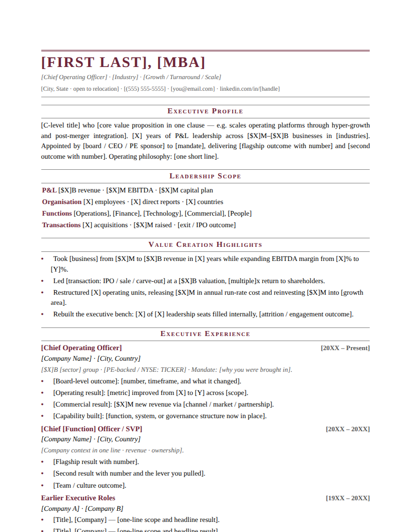 Page one of the Formal Traditional template for Executive