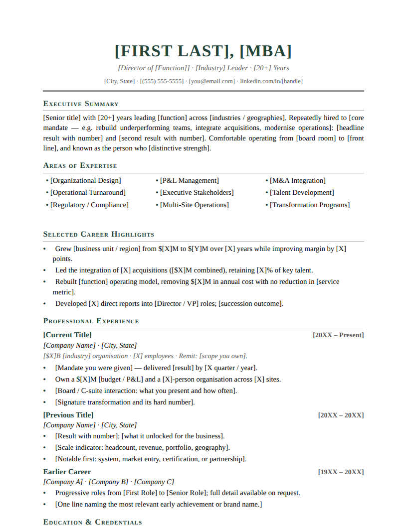 Page one of the Classic Serif template for Late Career