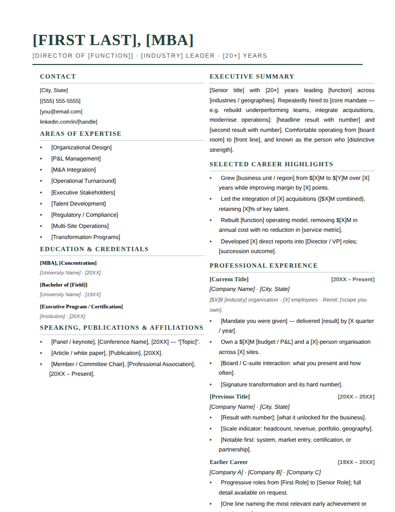 Page one of the Sidebar Professional template for Late Career