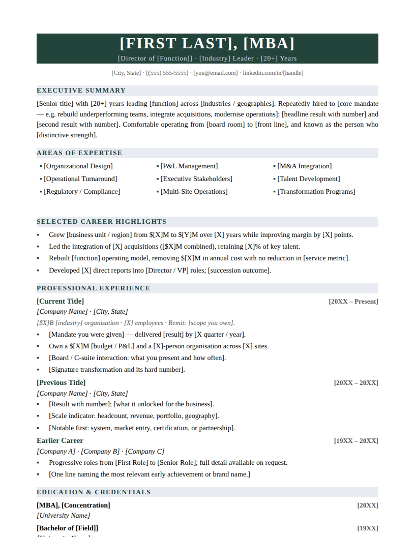 Page one of the Executive Banner template for Late Career