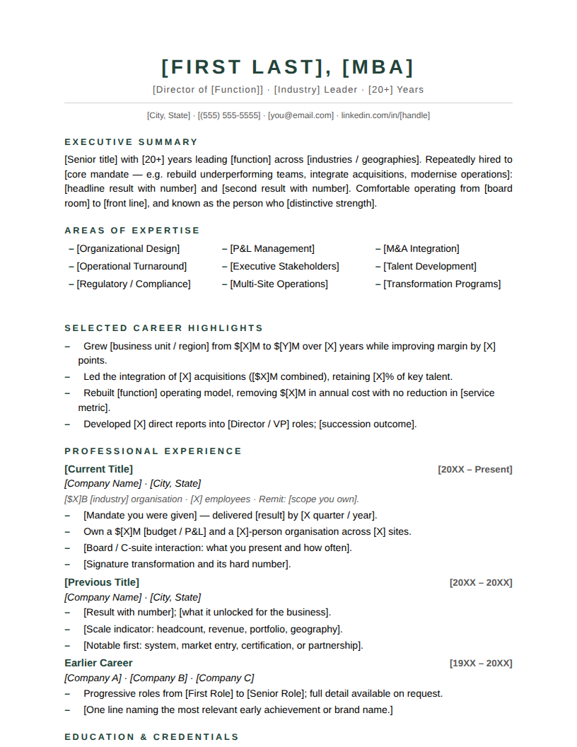 Page one of the Modern Minimal template for Late Career