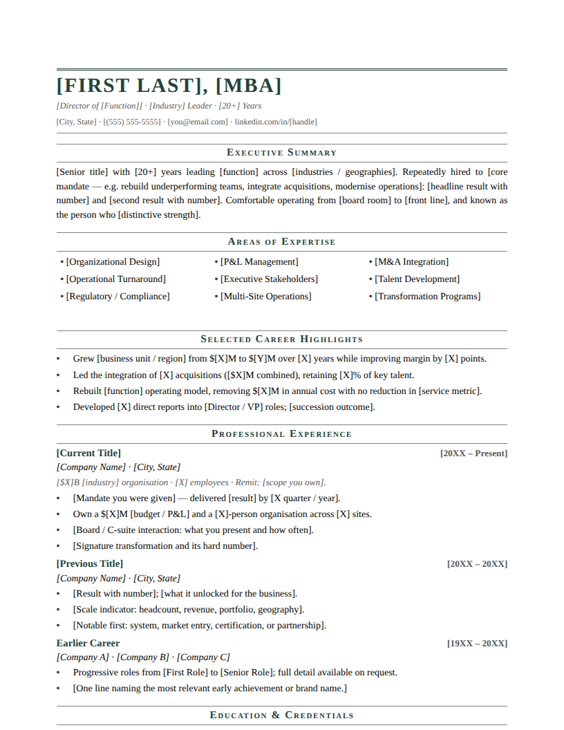 Page one of the Formal Traditional template for Late Career