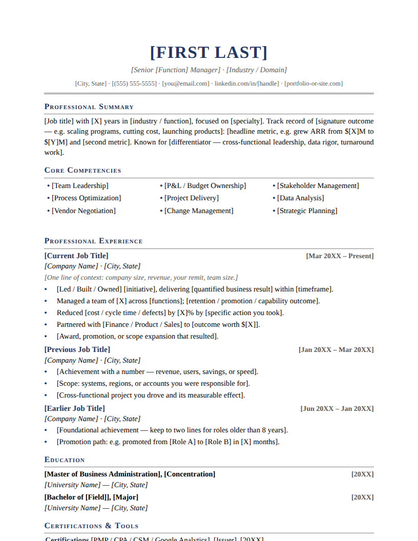 Page one of the Classic Serif template for Mid Career