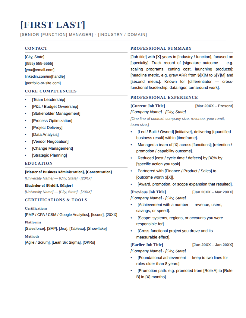 Page one of the Sidebar Professional template for Mid Career