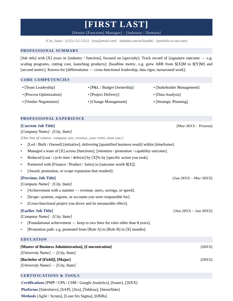 Page one of the Executive Banner template for Mid Career