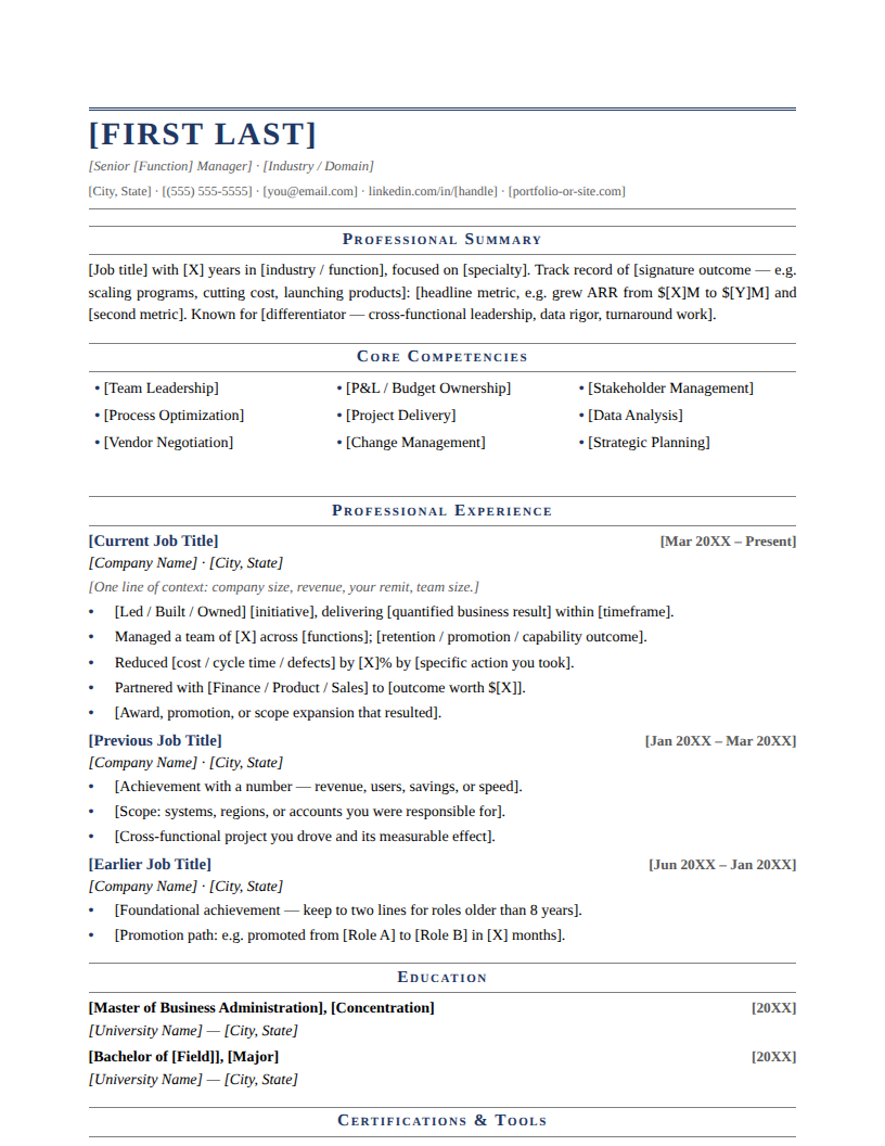 Page one of the Formal Traditional template for Mid Career